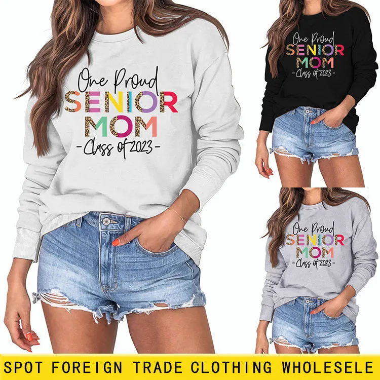 One Proud Senior Mom Leopard Print Letters Round Neck Wide Long-sleeved Large Size Sweater Women