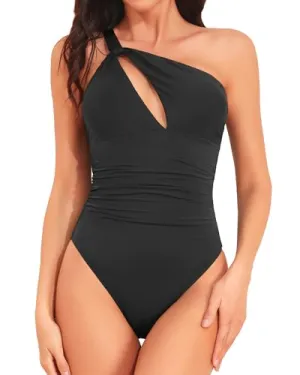 One Shoulder One Piece Swimsuit for Women Tummy Control Bathing Suits Modest Full Coverage Keyhole Swimwear