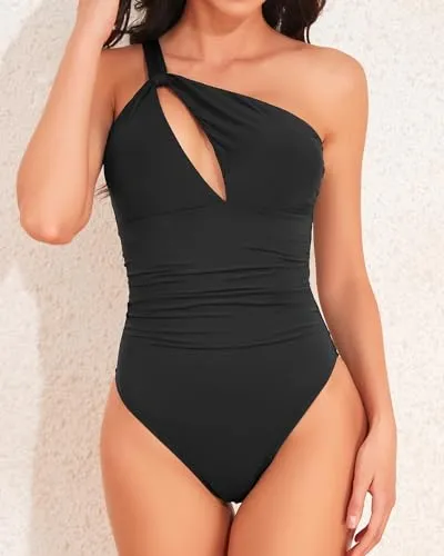 One Shoulder One Piece Swimsuit for Women Tummy Control Bathing Suits Modest Full Coverage Keyhole Swimwear