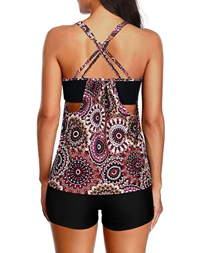 Padded Bra Adjustable Wide Straps Two Piece Tankini Set Casual Tankini Set-Brown Print