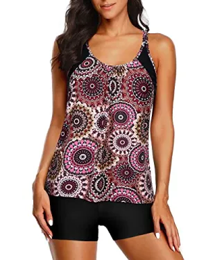 Padded Bra Adjustable Wide Straps Two Piece Tankini Set Casual Tankini Set-Brown Print