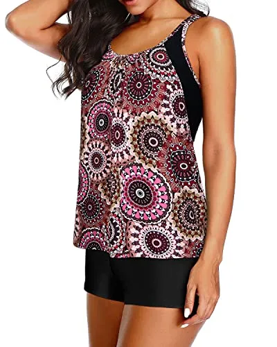 Padded Bra Adjustable Wide Straps Two Piece Tankini Set Casual Tankini Set-Brown Print