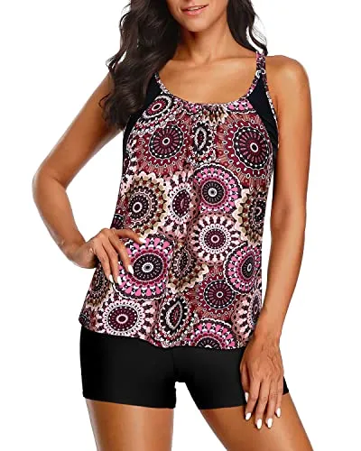 Padded Bra Adjustable Wide Straps Two Piece Tankini Set Casual Tankini Set-Brown Print