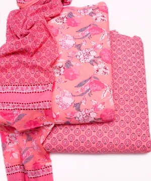 Peach Pink Floral Printed Unstiched Cotton Suit Dress Material