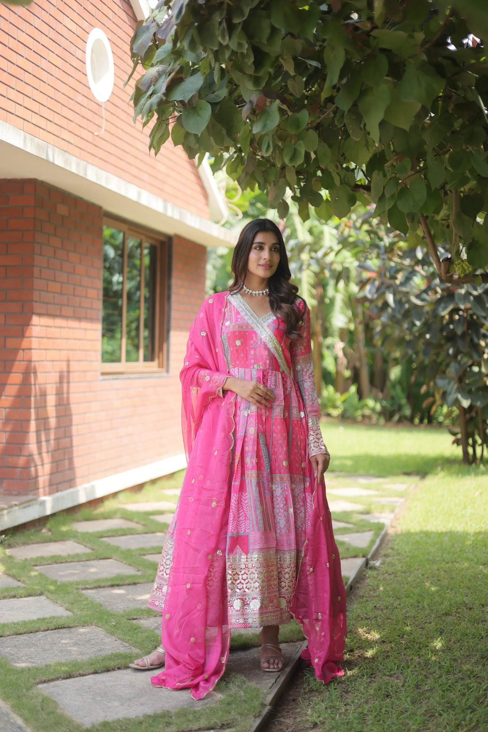 Pink Celestial Silk Embroidered Gown-Dupatta Set