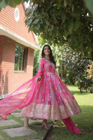 Pink Celestial Silk Embroidered Gown-Dupatta Set