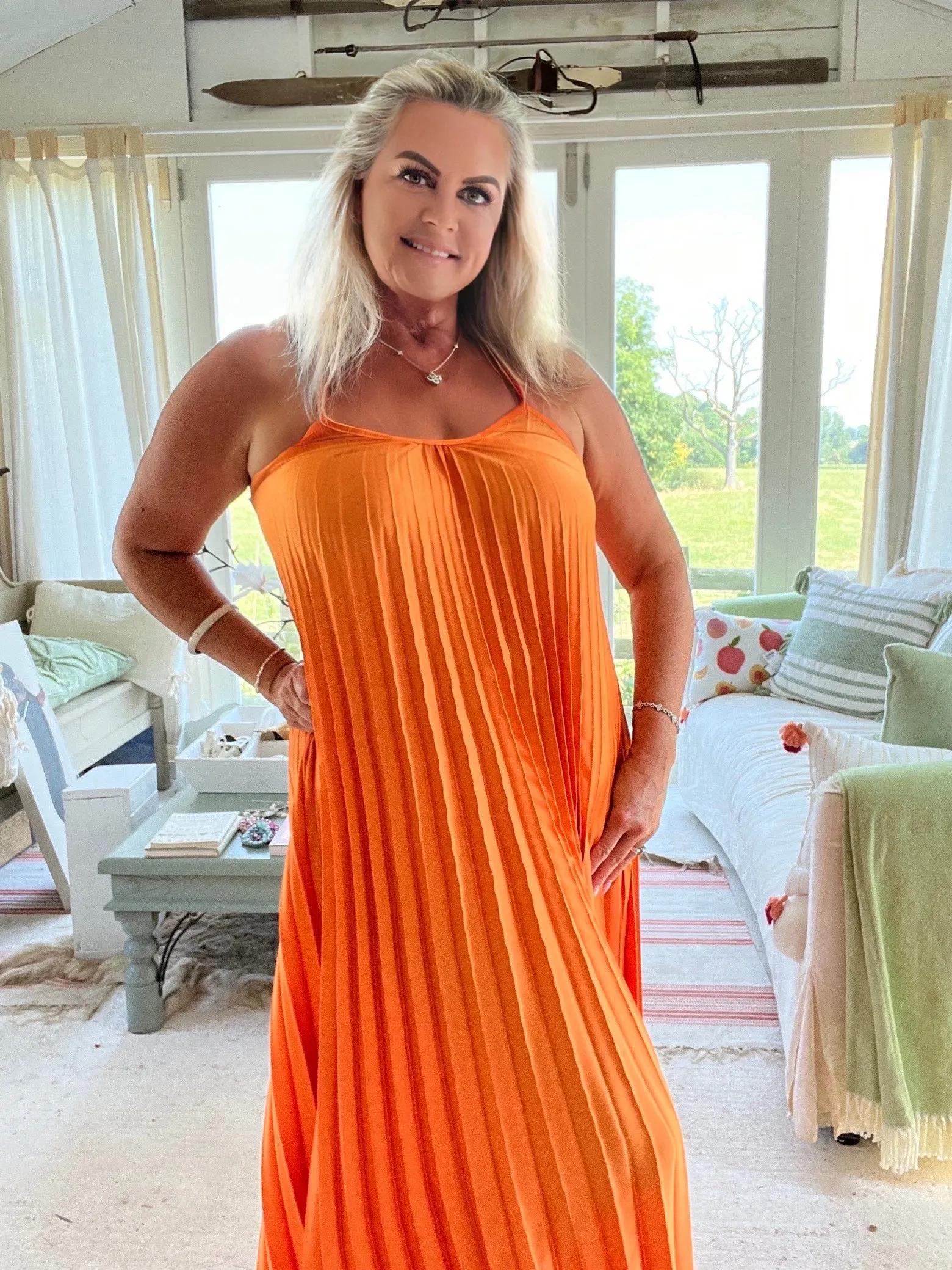 Pleated Halter Neck Maxi Dress  in Orange One Size