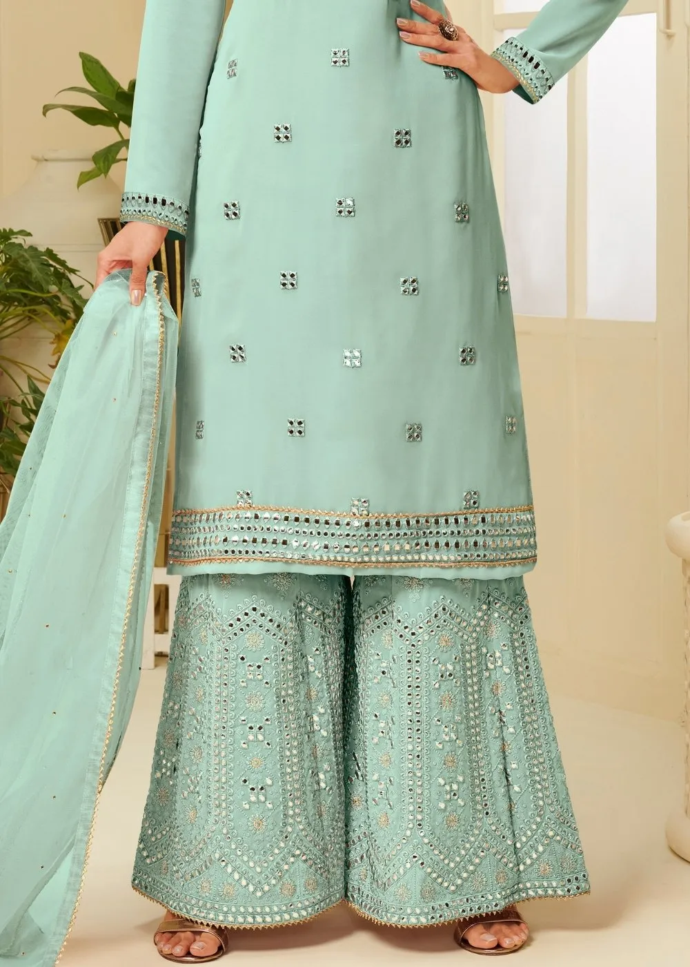 Powder Blue Georgette Sharara Suit with Gota work & Embroidery