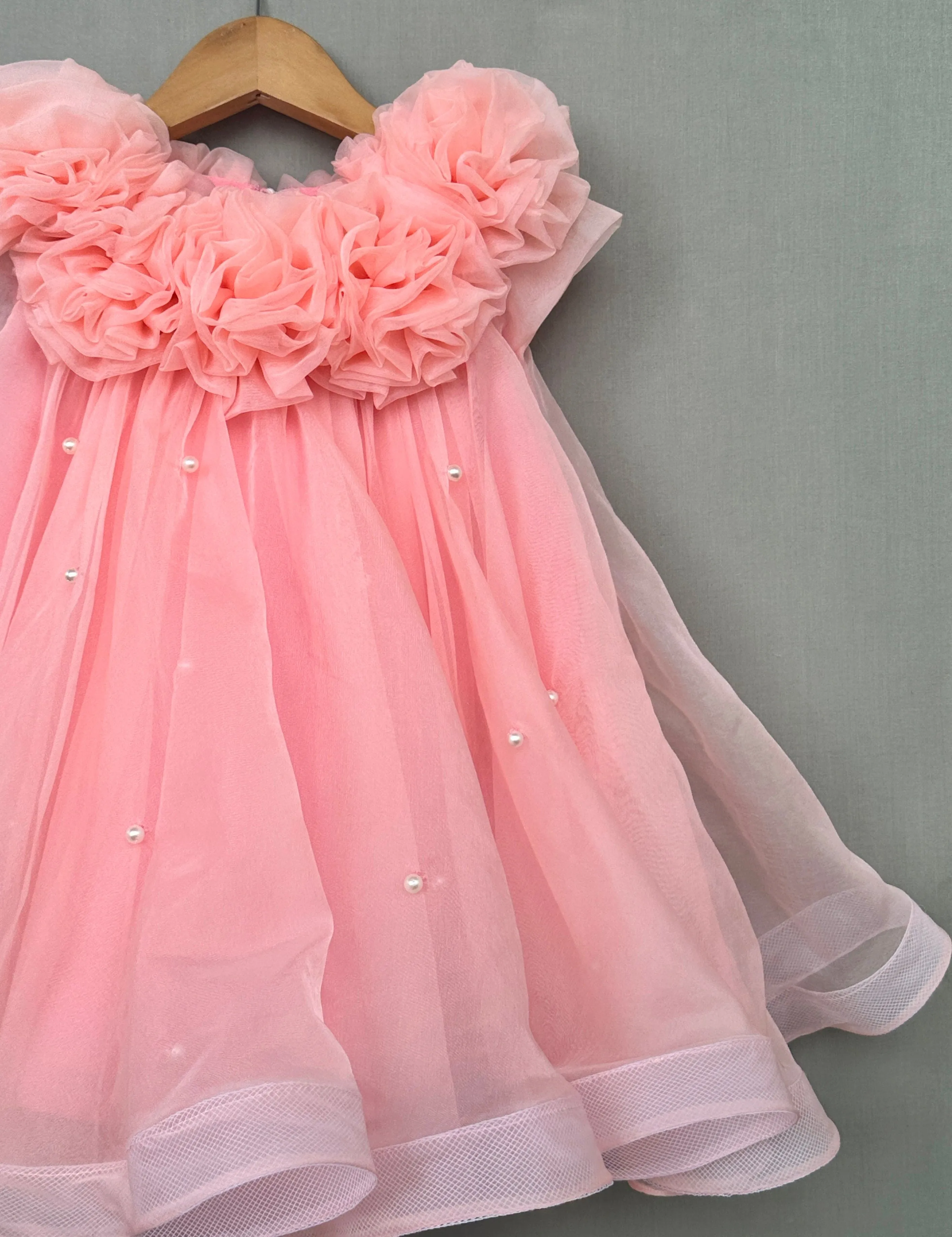 Pre-Order: Pearl Embellished Dress with Handmade flowers in Peach