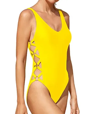 Sexy Lace Up Swimwear One Piece Swimsuit Strappy Bathing Suit-Neon Yellow