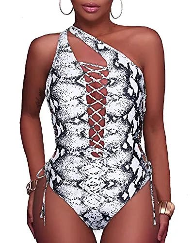 Sexy Strappy Lace Up Monokini Strappy Cutout Swimwear-Black And White Snake Print