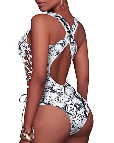 Sexy Strappy Lace Up Monokini Strappy Cutout Swimwear-Black And White Snake Print