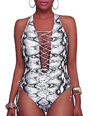 Sexy Strappy Lace Up Monokini Strappy Cutout Swimwear-Black And White Snake Print