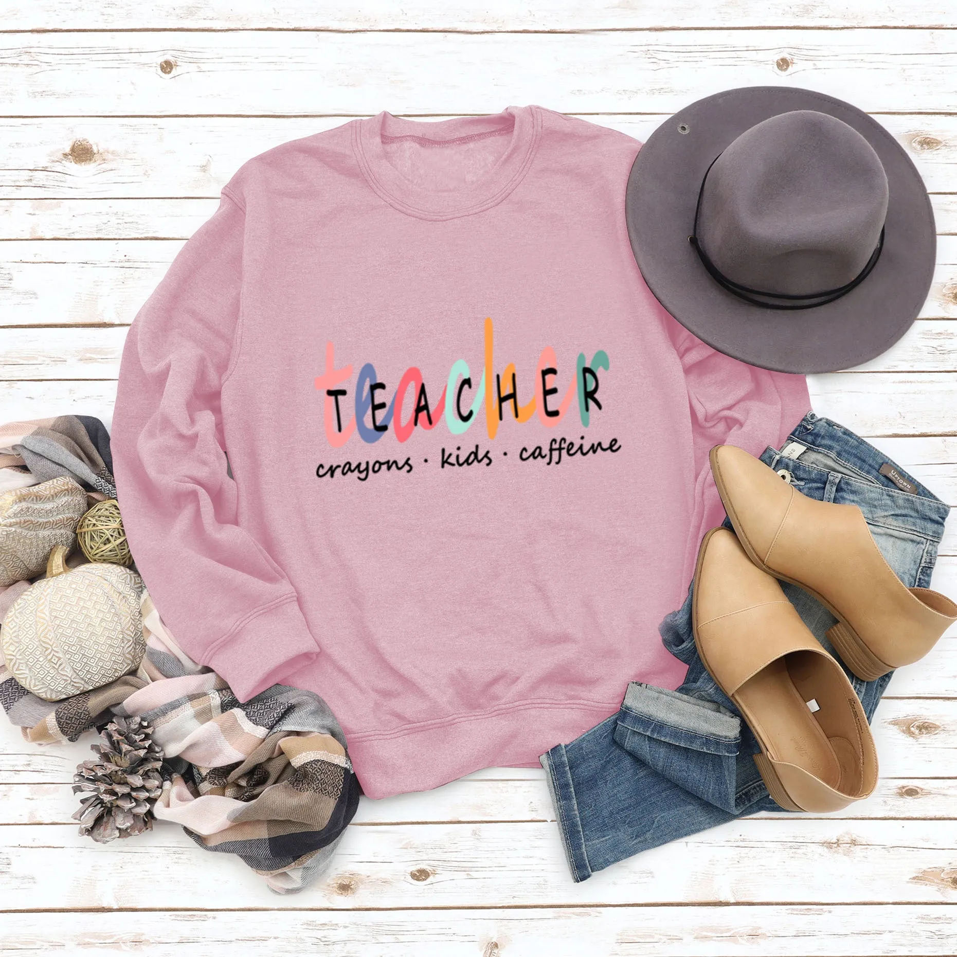 TEACHER Crayons Kids Round Neck Letters Fashion Bottoming Long-sleeved Sweater Women