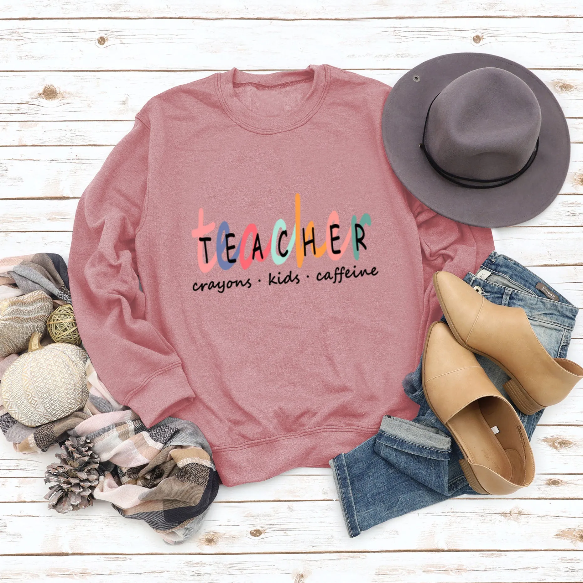 TEACHER Crayons Kids Round Neck Letters Fashion Bottoming Long-sleeved Sweater Women