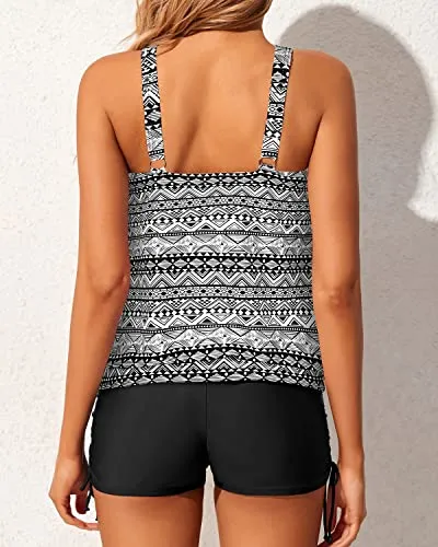 Teens And Juniors Modest Blouson Tankini Swimsuits-Black Tribal