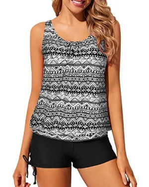 Teens And Juniors Modest Blouson Tankini Swimsuits-Black Tribal