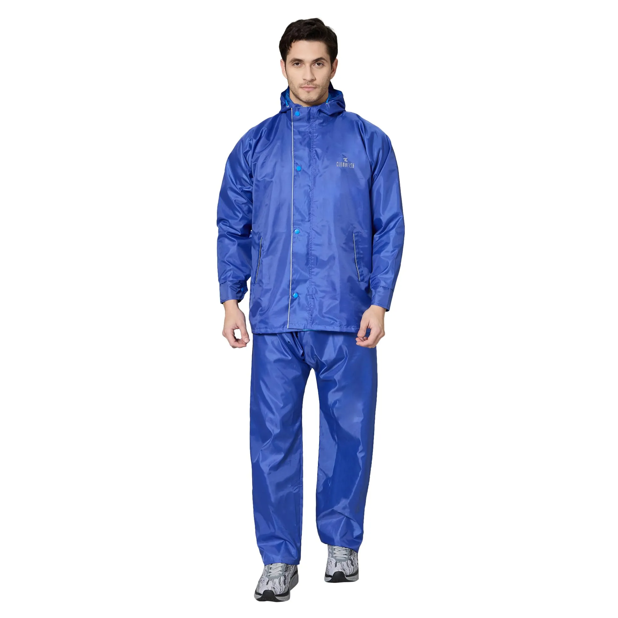 THE CLOWNFISH Rain Coat for Men Waterproof Raincoat with Pants Polyester Reversible Double Layer Rain Coat For Men Bike Rain Suit Rain Jacket Suit Inner Mobile Pocket with Storage Bag (Royal Blue XL)