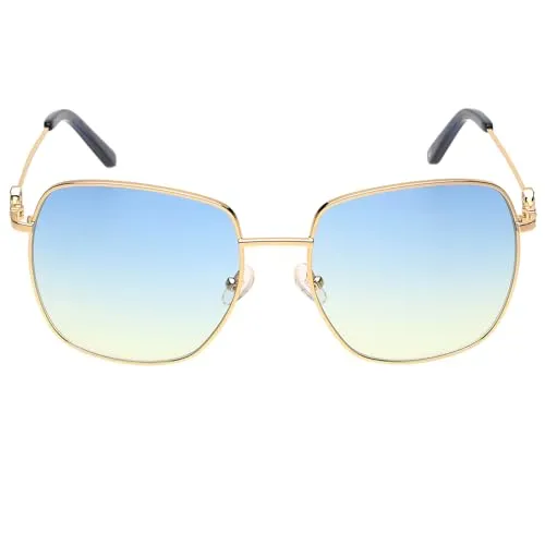 Tommy Hilfiger|Gold Full-rim Frame Square Sunglasses|100% UV Protected (Uv 400) Blue Gradient Faded Lens|Women's | Large | TH 2607 C4 KGDBL 55 S