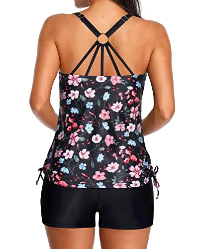 Tummy Control Tankini Side Tie Tank Top For Women-Black And Pink Floral