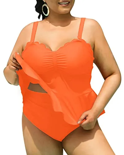 Two Piece Adjustable Straps Removable Padded Bras Swimsuits For Curvy Girls-Neon Orange