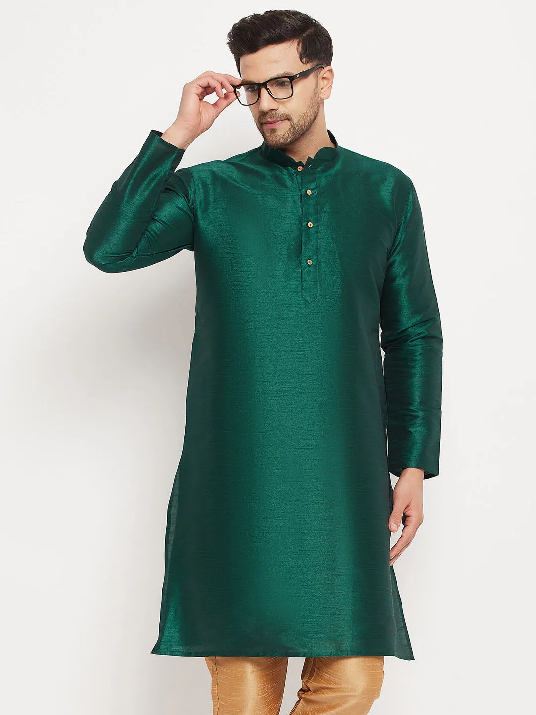 VM BY VASTRAMAY Men's Green Cotton Silk Blend Kurta