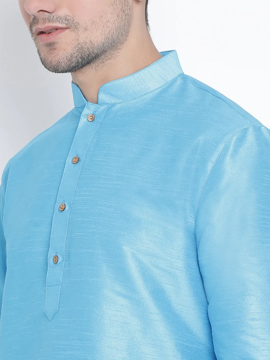 VM BY VASTRAMAY Men's Light Blue Cotton Silk Blend Kurta