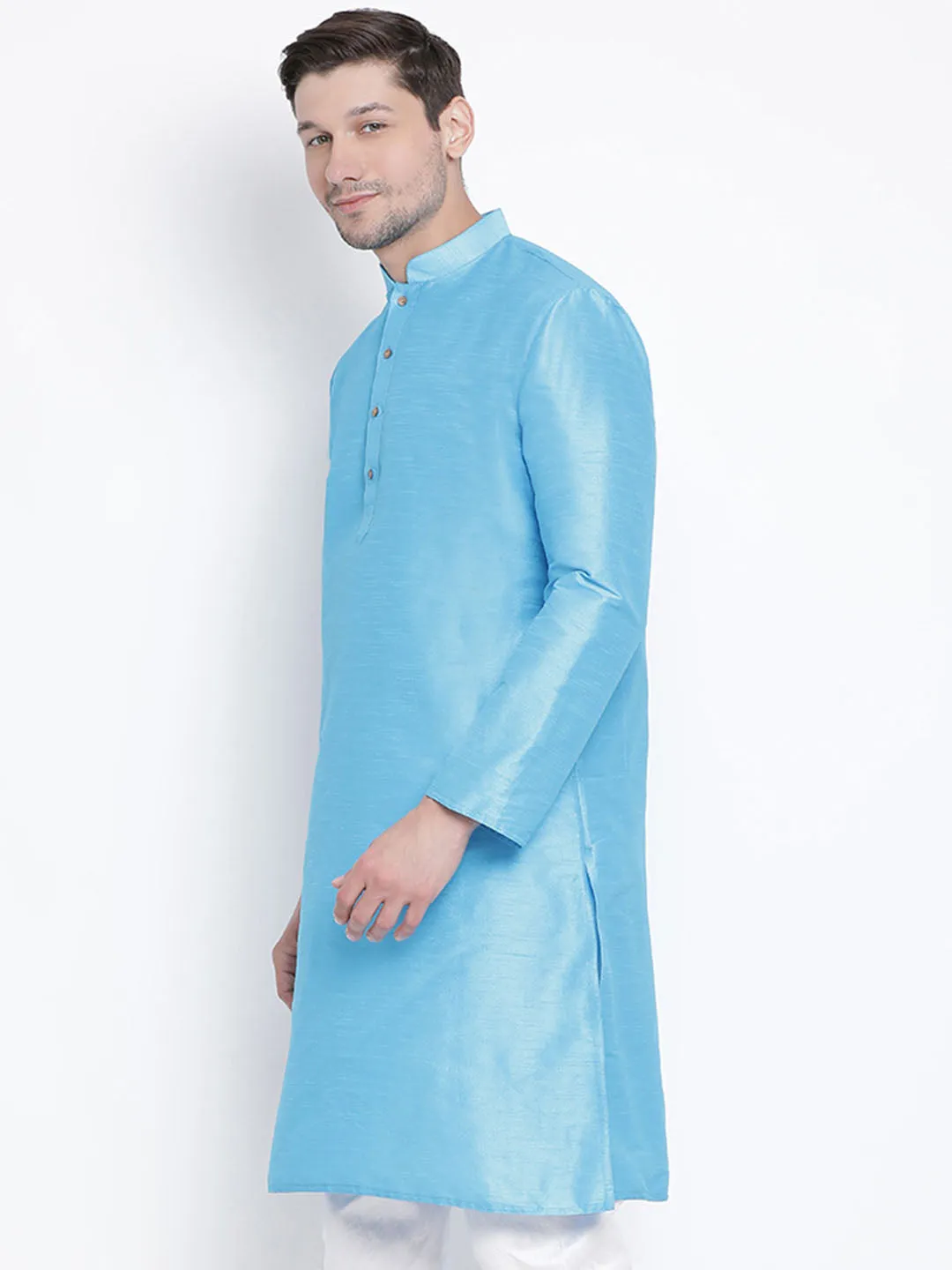 VM BY VASTRAMAY Men's Light Blue Cotton Silk Blend Kurta