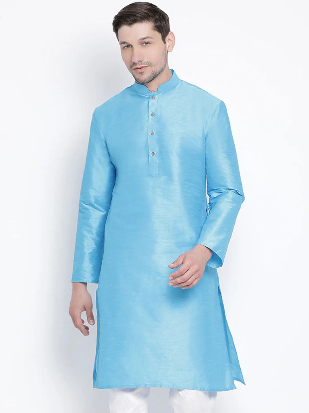 VM BY VASTRAMAY Men's Light Blue Cotton Silk Blend Kurta