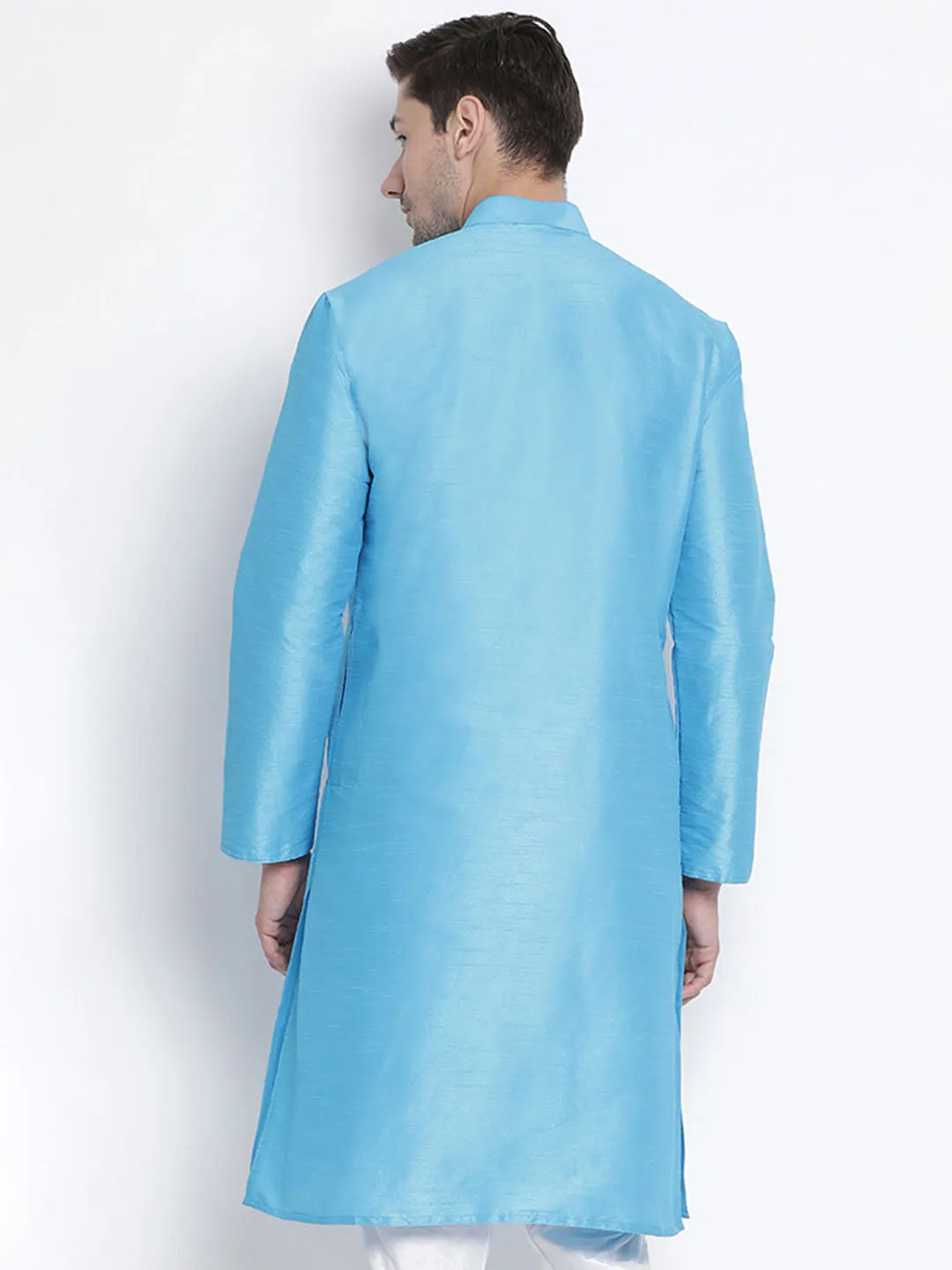 VM BY VASTRAMAY Men's Light Blue Cotton Silk Blend Kurta