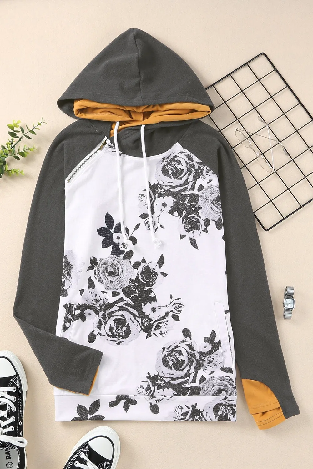 White Floral Pattern Raglan Sleeves Double Hood Sweatshirt