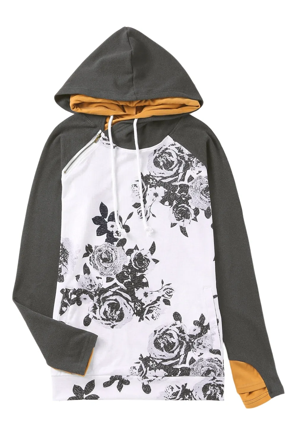 White Floral Pattern Raglan Sleeves Double Hood Sweatshirt