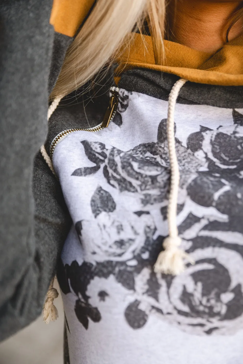 White Floral Pattern Raglan Sleeves Double Hood Sweatshirt