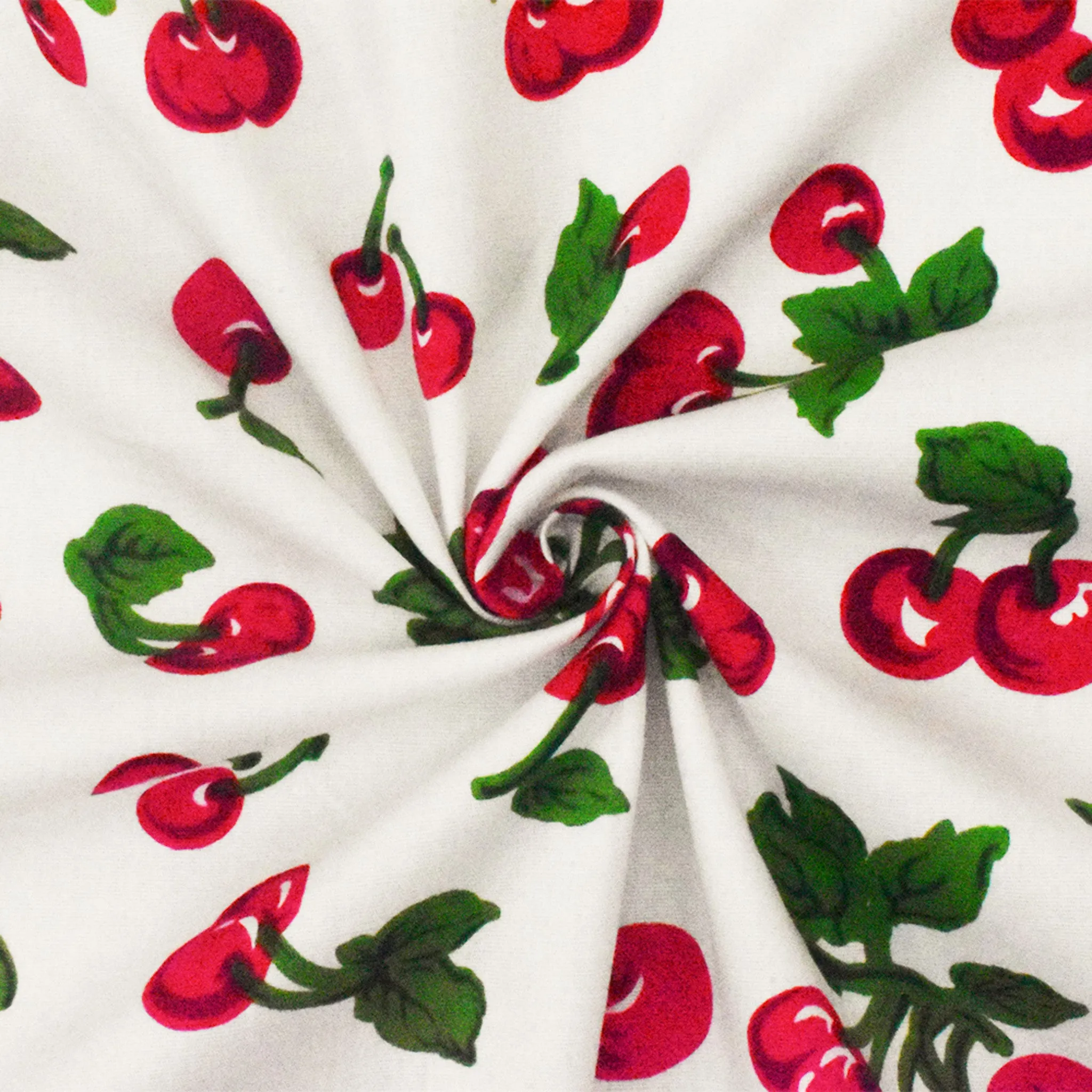 White-Red-Green Cherry Print Stretch Cotton Spandex Broadcloth Woven Fabric