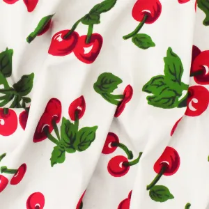 White-Red-Green Cherry Print Stretch Cotton Spandex Broadcloth Woven Fabric