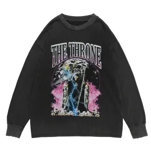 WLS Dark Skull Lightning Print Ripped Hole Sweatshirt