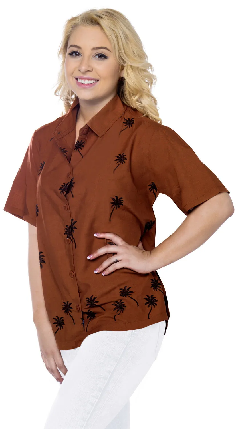 Women Hawaiian Shirt Casual Embroidery Blouses Workwear Short Sleeve Dress Top Brown X_478