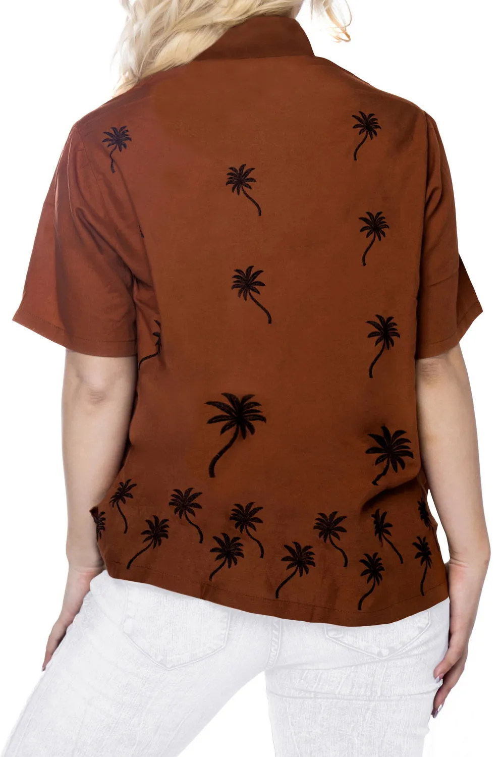 Women Hawaiian Shirt Casual Embroidery Blouses Workwear Short Sleeve Dress Top Brown X_478