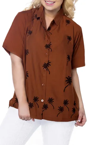 Women Hawaiian Shirt Casual Embroidery Blouses Workwear Short Sleeve Dress Top Brown X_478