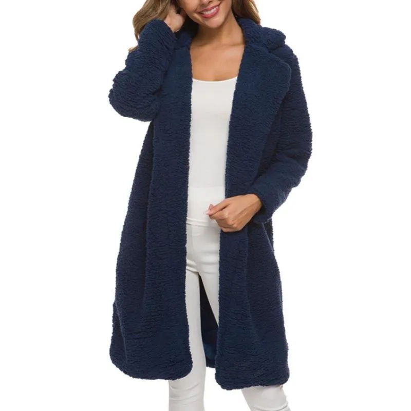 Women Plus Size Turn-down Collar Long Teddy Coat