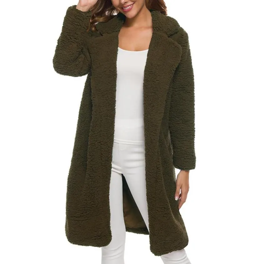 Women Plus Size Turn-down Collar Long Teddy Coat