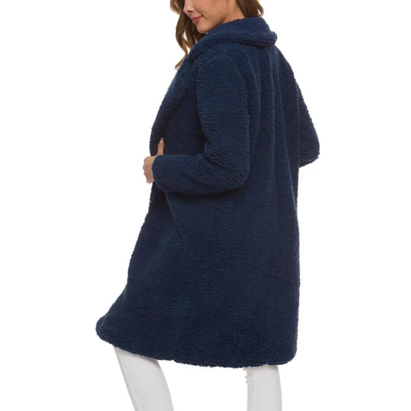 Women Plus Size Turn-down Collar Long Teddy Coat