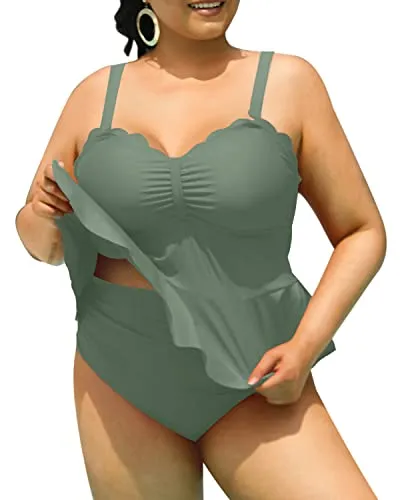 Women's Ruffle Hem Peplum Tankini Top High Waisted Swim Bottom Swimsuits-Army Green