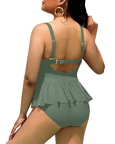 Women's Ruffle Hem Peplum Tankini Top High Waisted Swim Bottom Swimsuits-Army Green