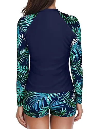 Women's Surfing Rash Guard With Long Sleeve Shirt And Shorts-Navy Blue Leaf