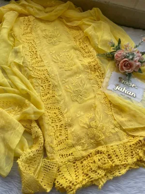 Yellow Karachi Splendor: Qureshiya Crocia Suit with Dupatta